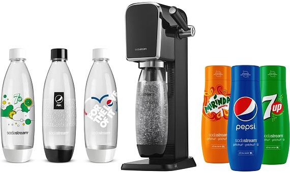 SodaStream Art Black + láhve FUSE 3 x 1l + Sirup Pepsi 440 ml + Sirup Mirinda 440 ml + Sirup 7UP 440 ml recenze