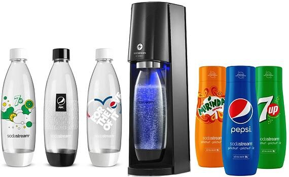 SodaStream E-Terra Black + láhve FUSE 3 x 1l + Sirup Pepsi 440 ml + Mirinda 440 ml + 7UP 440 ml recenze