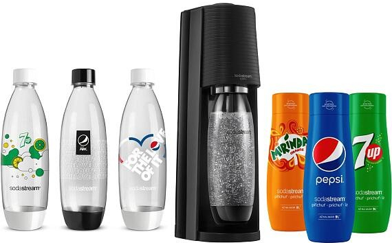 SodaStream Terra Black + láhve FUSE 3 x 1l + Sirup Pepsi 440 ml + Sirup Mirinda 440 ml + Sirup 7UP 440 ml recenze